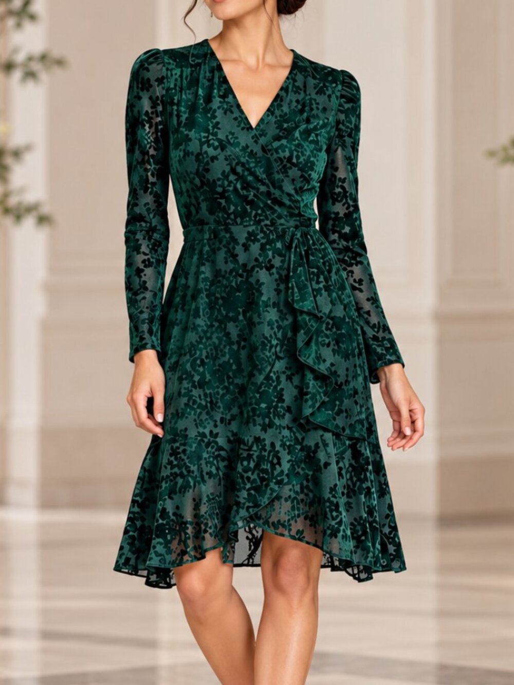 Tommy Hilfiger Green Velvet Floral Faux Wrap Ruffle Dress Size 2 NWT